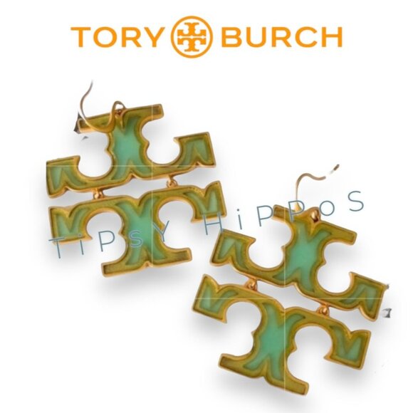 Tory Burch Miller Green and Gold Logo Earrings - Picture 1 of 6